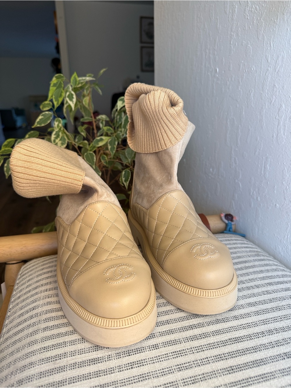 Chanel Quilted Tan Knit-Cuff Ankle Boots